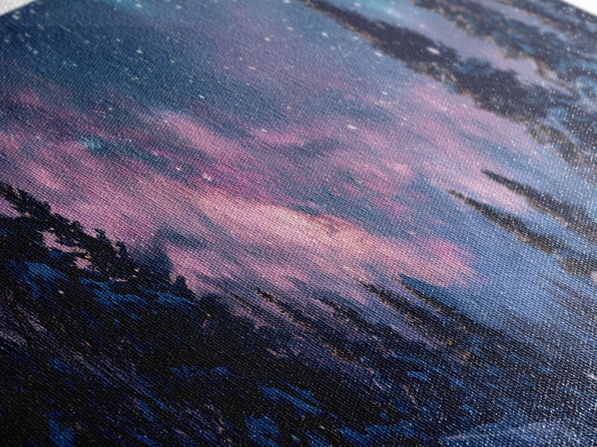 Starry Night Northern Lights, Framed Canvas Print, Beautiful Night Sky Over A Snow Capped Forest, Winter Landscape Painting, Purple Skies