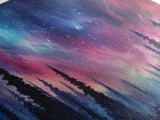 Watercolor Painting Of A Starry Night, Framed Canvas Print, Beautiful Nature Panoramic, Alaska Wilderness Art