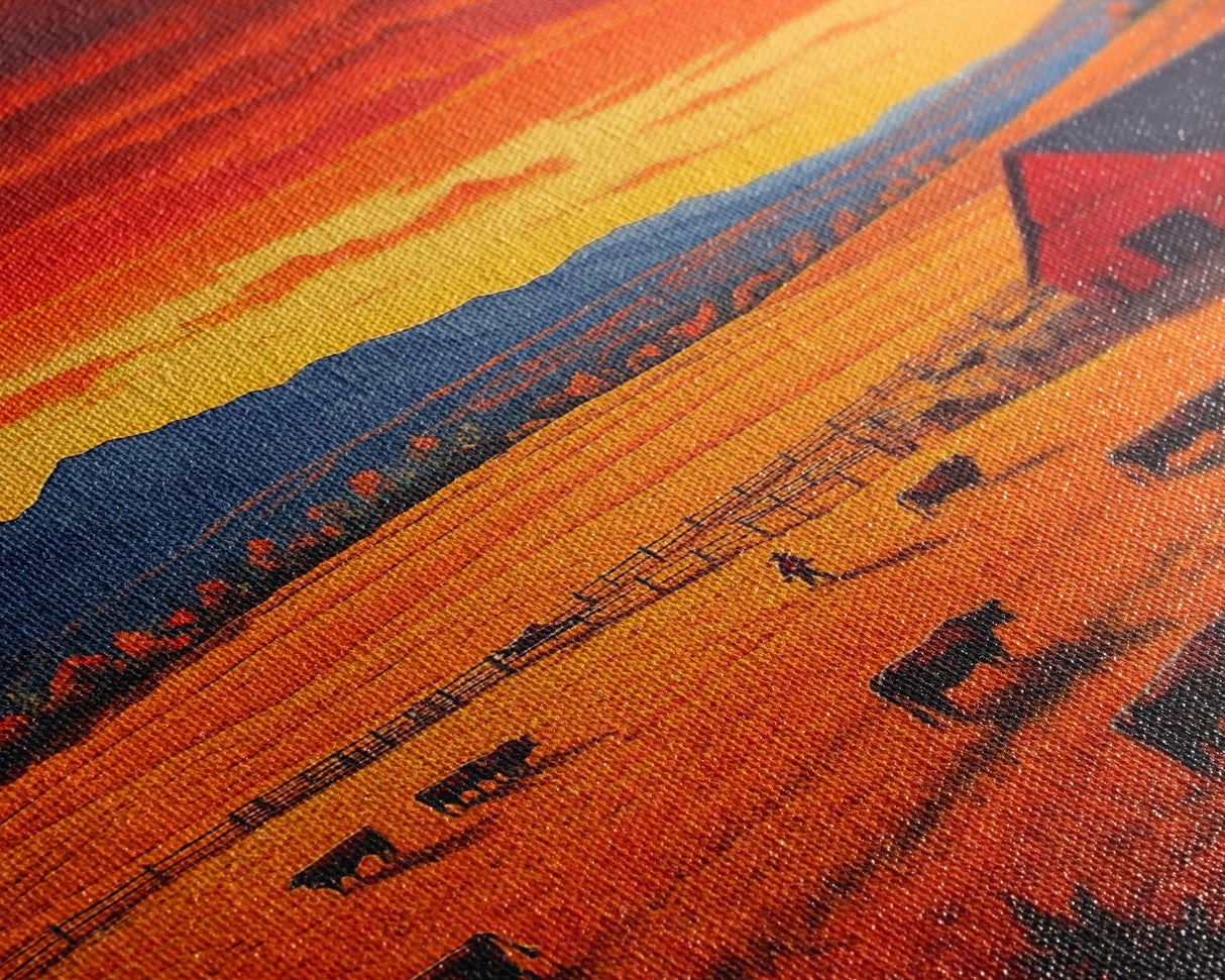 Golden Fields and Barn Framed Canvas Print, Pastoral Landscape with Mountains Grazing Cows, Rustic Fall Wall Art Farmhouse Ranch Style Decor