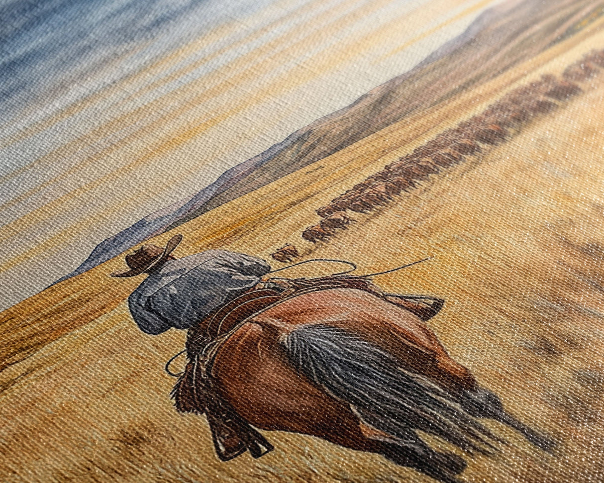 Cowboy leading cattle across golden prairie, Framed Canvas Print, western landscape wall art for rustic farmhouse decor, gift idea holiday