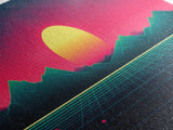 Synthwave Sunset Over The Mountains, Wireframe Art, Framed Canvas Print, Wire Frame Retro 1980s Style Wall Art