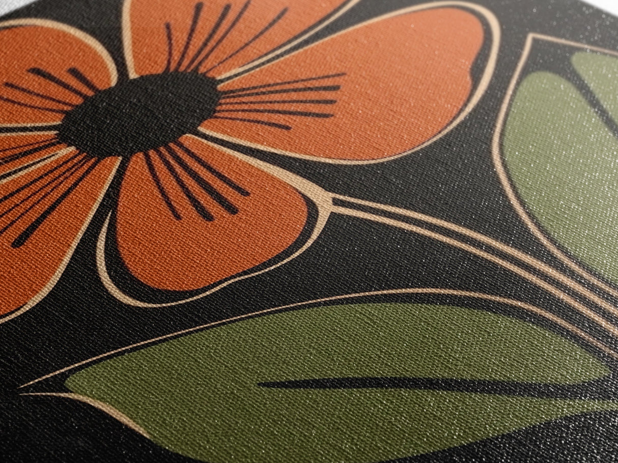 Mid Century Modern Floral Print, Orange Flower on Black Background, Framed Canvas Print
