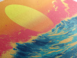 Retro Sunset Over The Ocean, Framed Canvas Print, Beautiful Synthwave Horizontal Wall Art