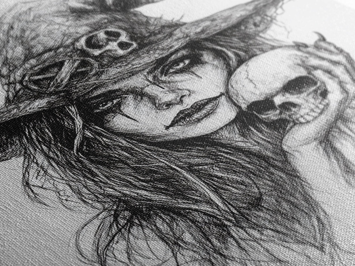 Charcoal Sketch Portrait Of a Witch Canvas Print, Dark Academia Wall Art, Moody Decor, Macabre Home Decor, Witchy Wall Art, Halloween Art