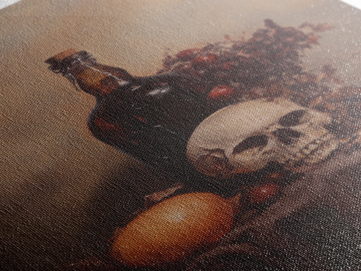 Still Life of a Skull and Wine Framed Canvas Print, Oil Painting Print, Gothic Decor, Dark Academia Macabre Halloween Wall Art, Witchy Decor