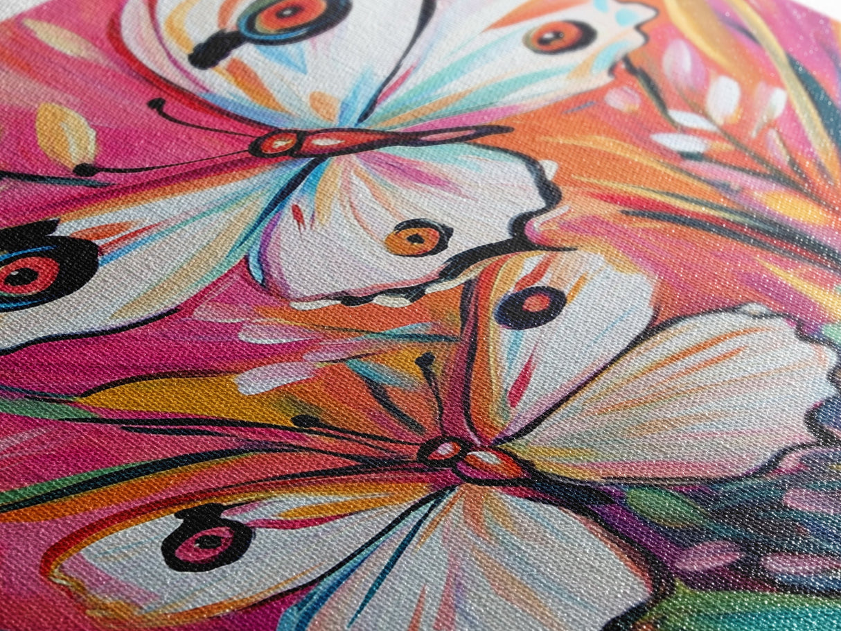 Abstract Painting Print of White Butterflies on Pink Background, Home Decor, Preppty Wall Art, Framed Canvas Print