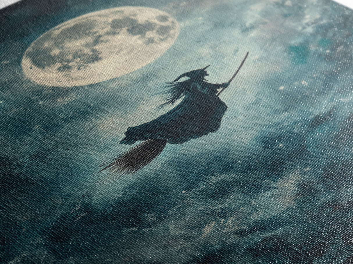 Witchy Decor, Witch Wall Art, Witch Riding a Broom Under a Full Moon, Witch Painting, Framed Canvas Print, Witchy Wall Art, Halloween Decor