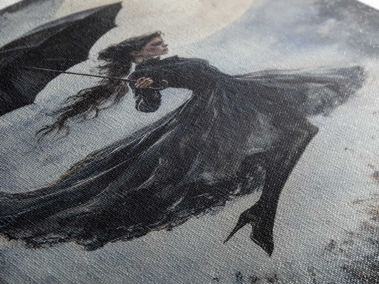Witch Flying with an Umbrella, Framed Canvas Print, Witchy Decor, Halloween Wall Art, Goth Art, Dark Academia