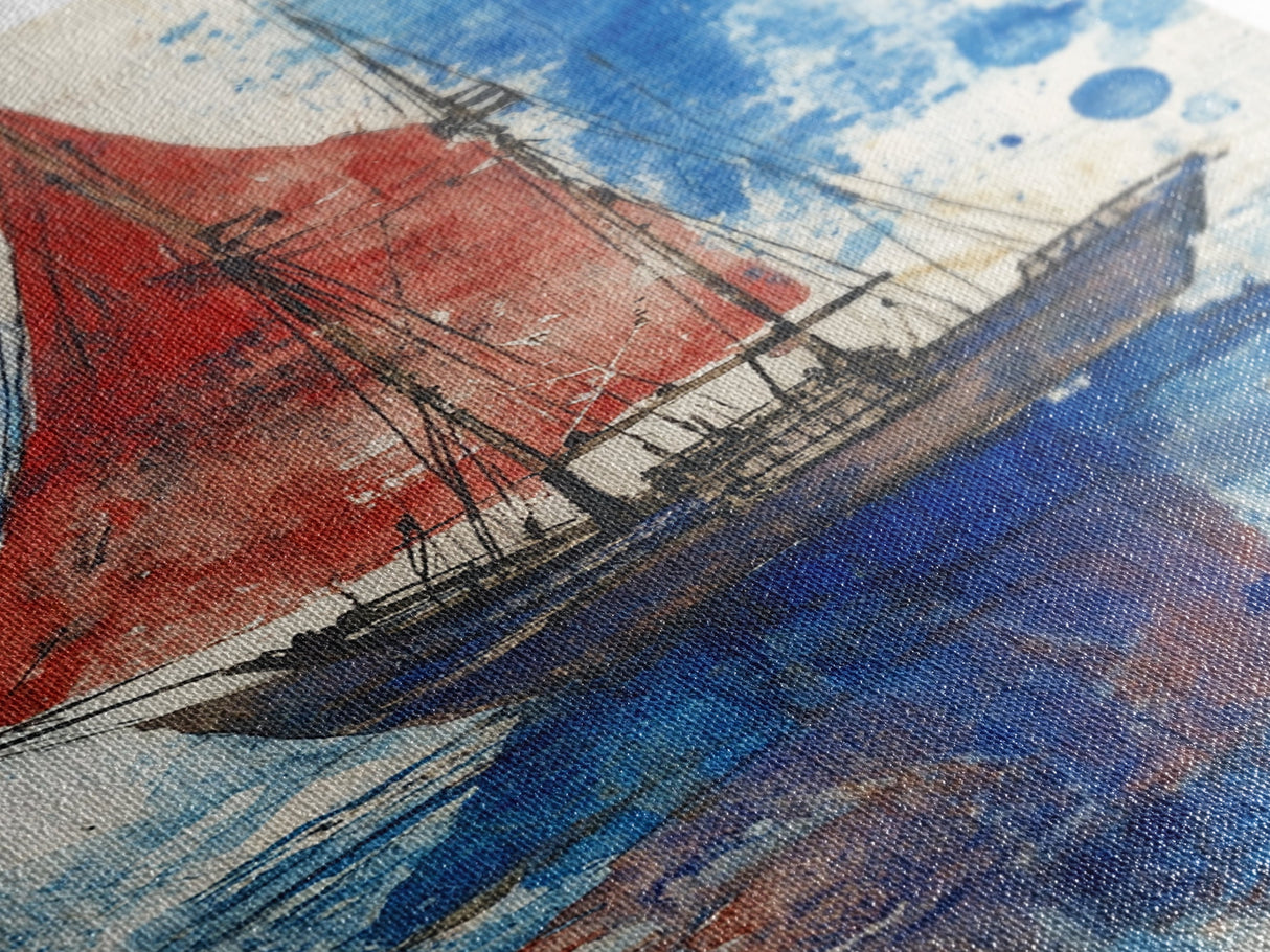 Japanese Sail Boat Watercolor Painting Print, Wood Framed Canvas Print, Wabi Sabi Nautical Wall Art, Lake House Art