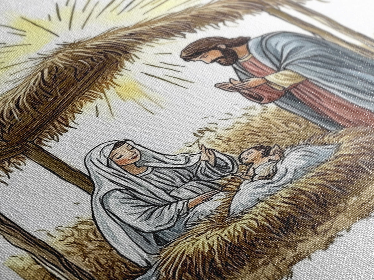 Retro Nativity Painting Print, Christmas Wall Art, Jesus in his Manger, Nativity Wall Art, Rustic Christmas Decor