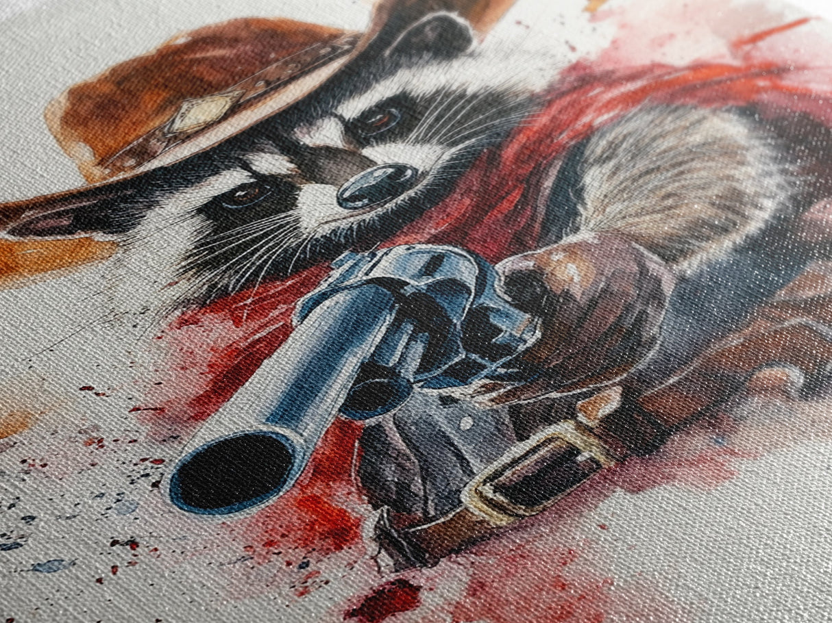 Wild West Racoon Cowboy Watercolor Painting Print, Rustic Home Decor, Framed Canvas Ready To Hang