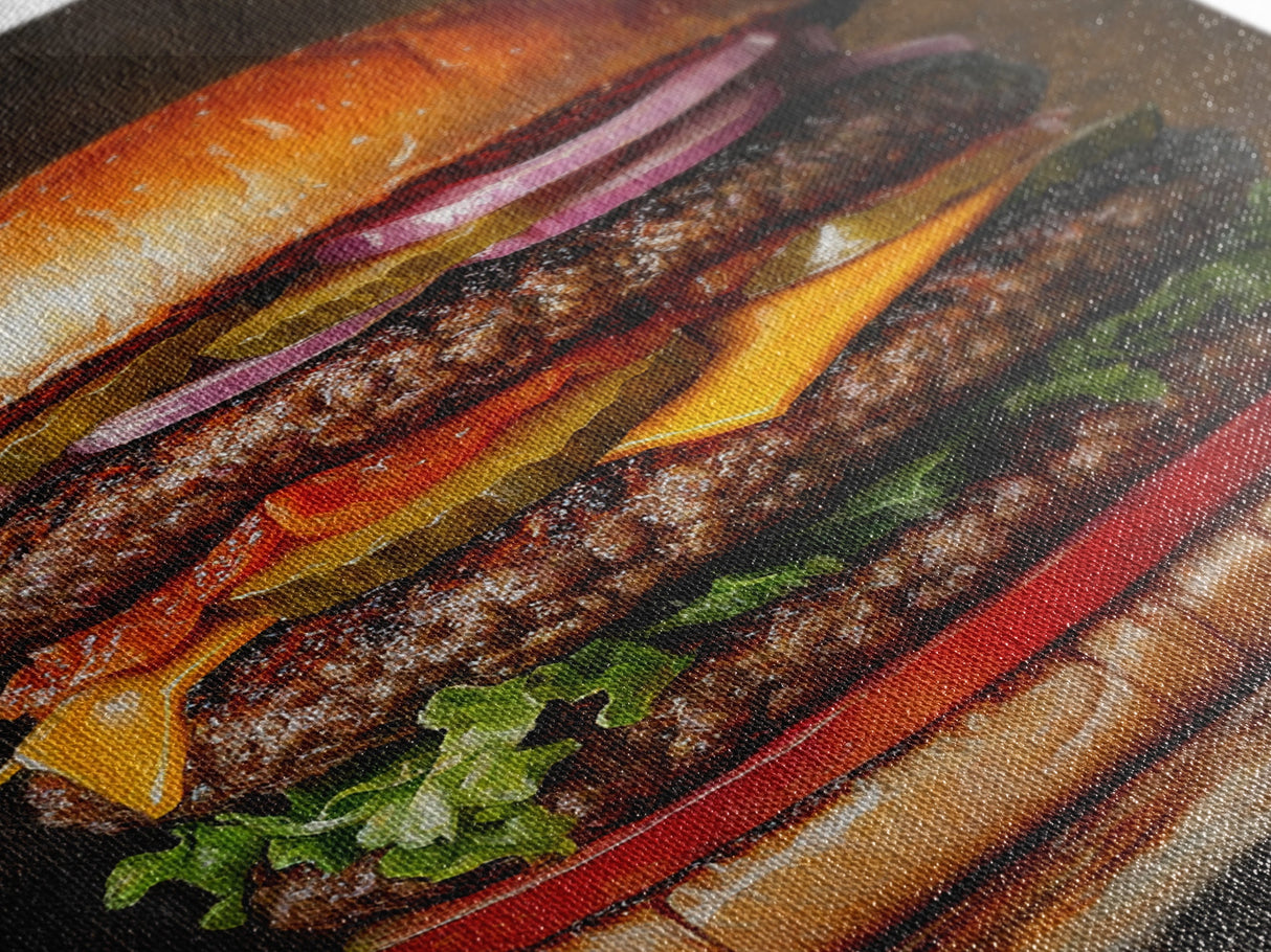 The Burg' Canvas Print, Retro Still Life Oil Painting Of a Hamburger, Canvas Print, Kitchen Decor, Dining Room Art, Funny Wall Art