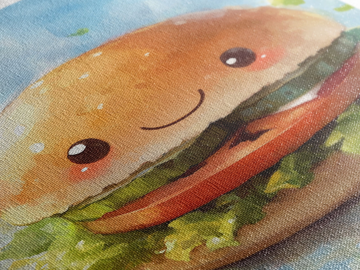 Kawaii Hamburger Canvas Print, Cute Hamburger Painting, Kitchen Decor, Kawaii Wall Art, Veggie Burger Painting