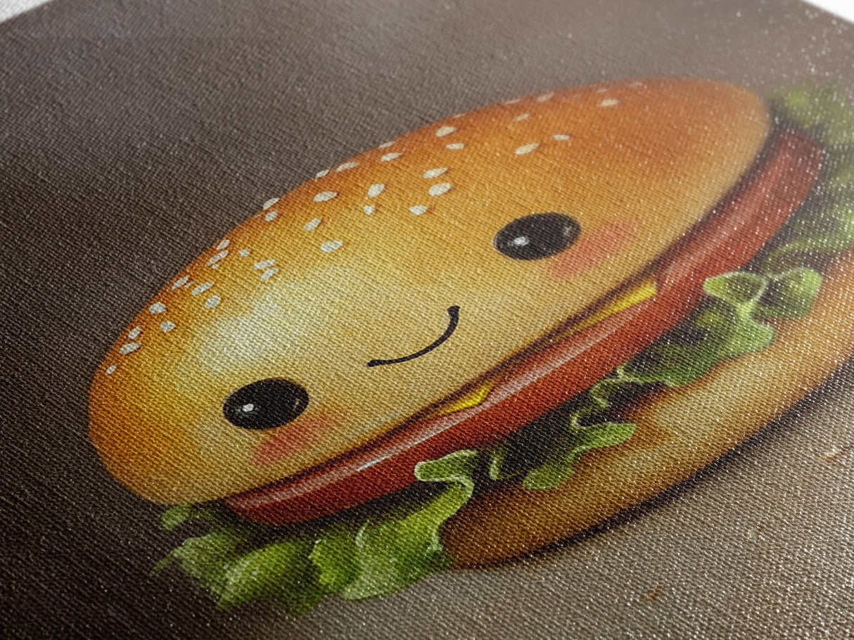 Kawaii Hamburger Canvas Print, Cute Hamburger Painting, Veggie Burger, Kawaii Wall Art, Kawaii Decor