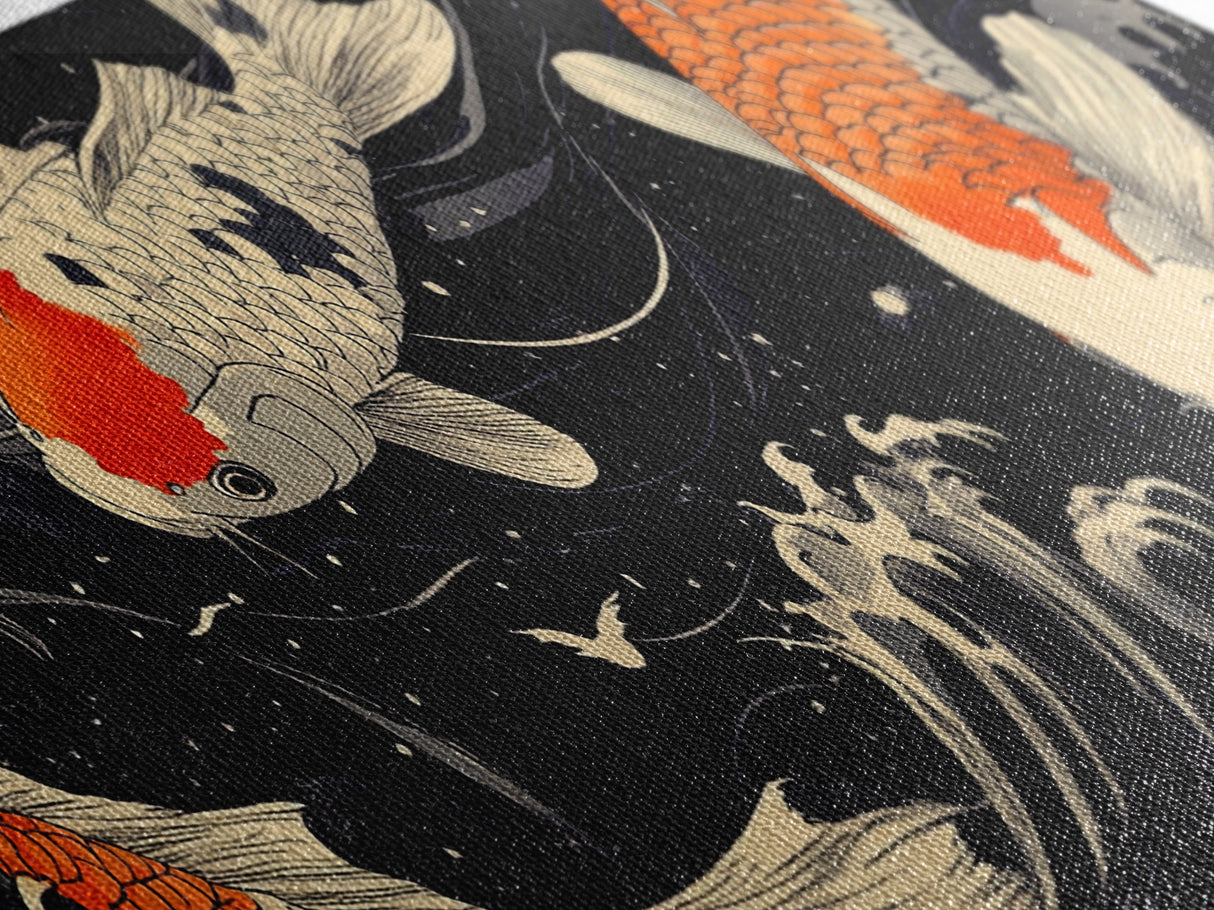 Wabi Sabi Boho Painting Print of Ko Fish, Japanese Style Decor, Panoramic Horizontal Wall Art, Extra Wide 70 Inch Wall Art, 72 Inch Wide Art