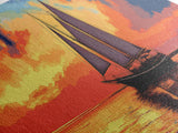 Pirate Ship at Sunset Framed Canvas Print - Panoramic Wall Art - Sailboat Painting - Sail Boat Art - Nautical Decor - Lake House Art