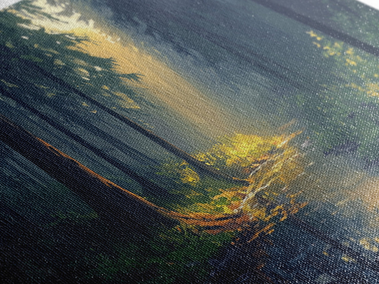 Sun Shines Through The Forest Trees, Framed Canvas Print, Fantasy Landscape Painting, Forest Landscape Oil Painting Print, Living Room Decor