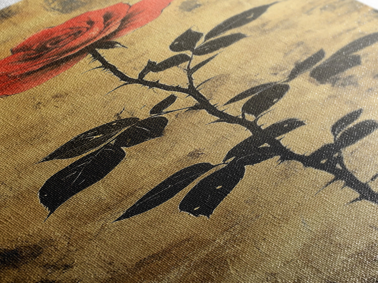 Golden Background Rose Art Canvas Print, Elegant Rose with Dark Leaves, Chinoiserie Style Wall Art, Framed Canvas Print, Gift Idea Her