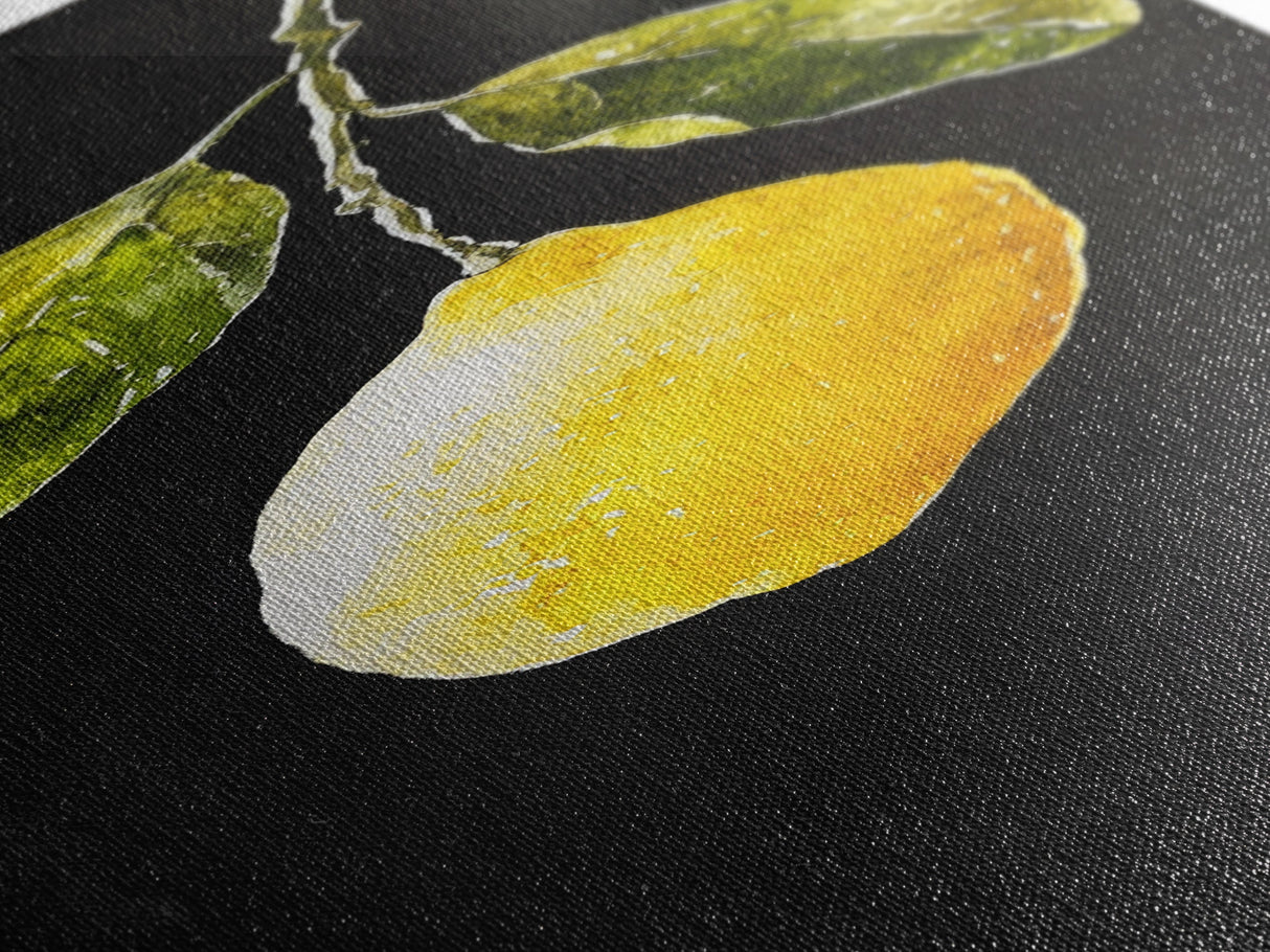 Minimalist Lemon Art Botanical Print on Black Canvas, Framed Option Available, Living Room Decor, Citrus Art, Modern Kitchen Wall Art
