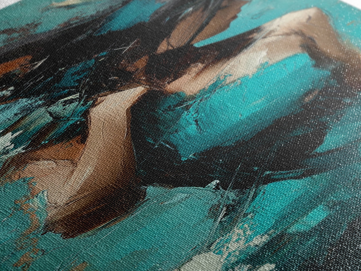 Moody Woman Framed Canvas Print in Teal, Dark Romance Painting, Moody Art, Living Room Art, Gift Idea, Vertical Wall Art