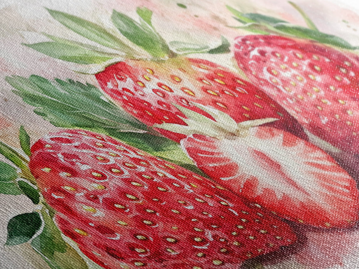Strawberry Still Life Canvas Print - Bright Red Fruit Rustic Kitchen Art Food Review Artwork Light Pink Wall Art Rustic Decor