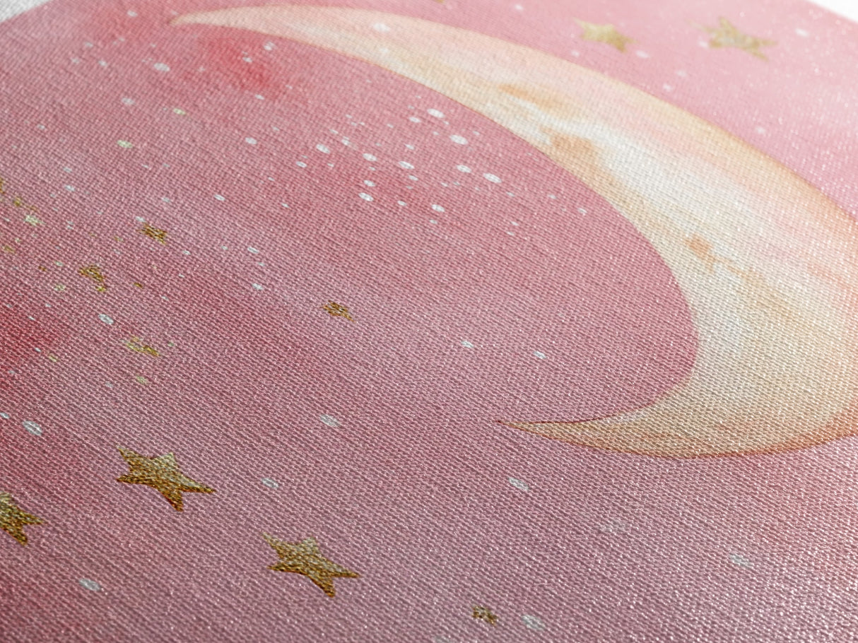 Golden Crescent Moon Canvas Print, Light Pink Wall Art, Whimsical Celestial Art, Bedroom or Dorm Decor, Christmas Gift Idea