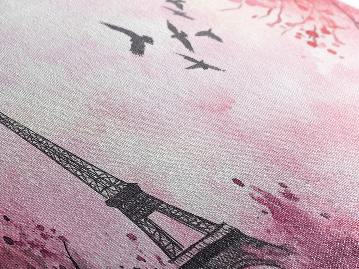 Eiffel Tower and Birds Canvas Print, Parisian Skyline Painting, Romantic Pink Wall Art, Whimsical French Decor, Guest Room Art