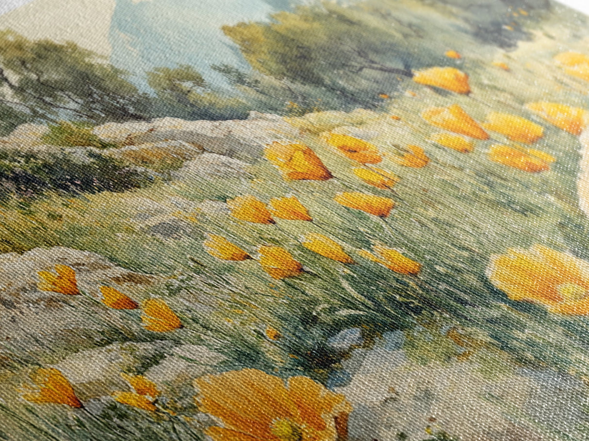 California Poppy Art Landscape Framed Canvas Print Wildflower Wall Art Rustic Decor Above Sofa Living Room Art Gift Idea