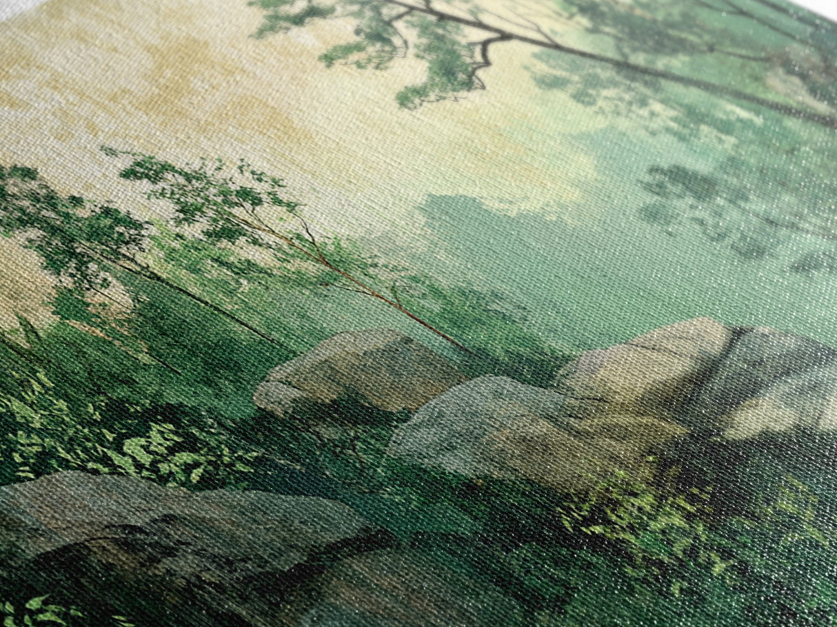 Green Forest Serenity Framed Canvas Print with Mountain Landscape Art and Sage Green Wall Art Perfect Living Room Rustic Decor