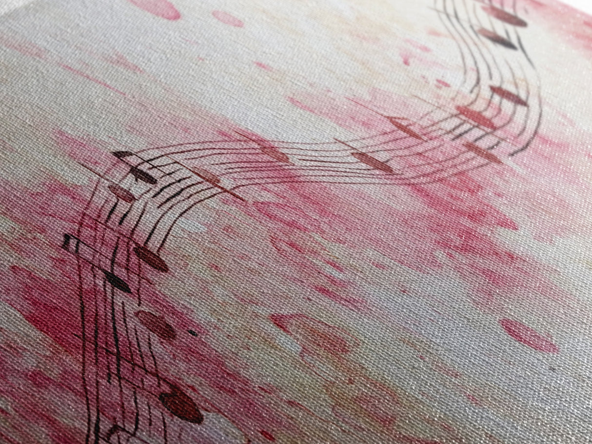 Pink Musical Notes Canvas Print, Rustic Abstract Artwork for Living Room, Nostalgic Art Nouveau Style, Horizontal Wall Art Decor