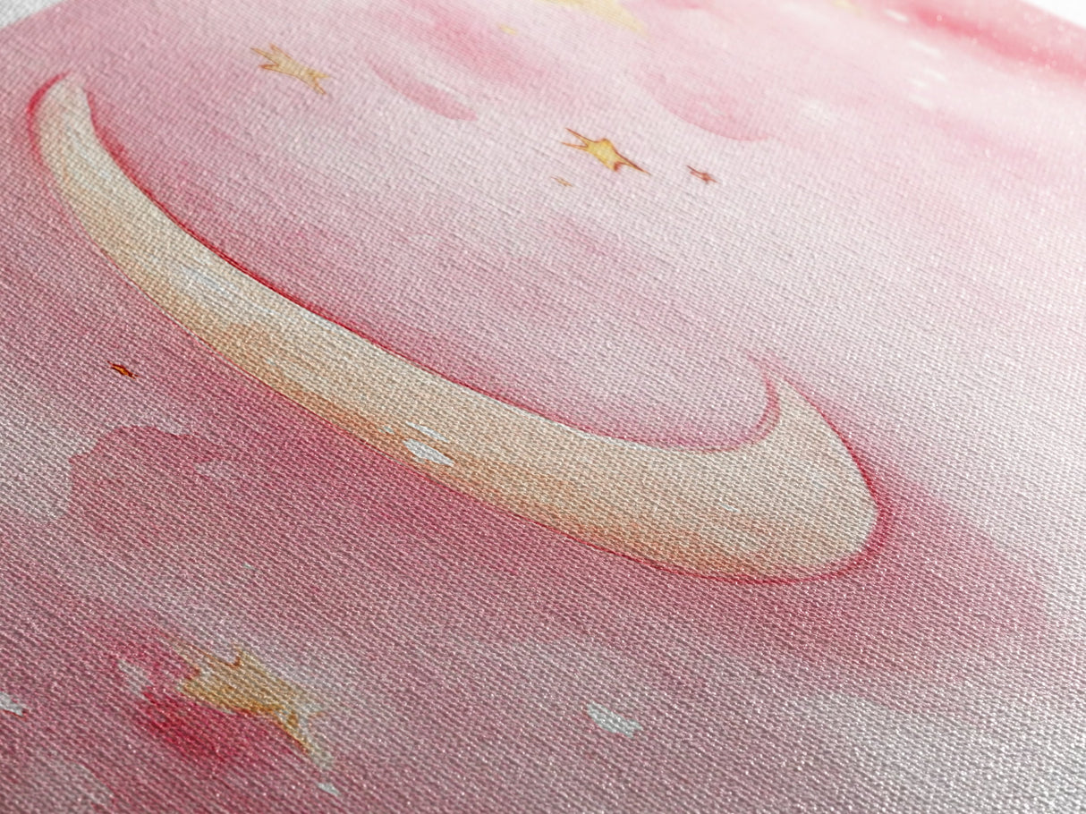 Crescent Moon with Stars Painting, Canvas Print, Light Pink Whimsical Wall Art, Nursery Aesthetic Artwork, Minimalist Cozy Decor