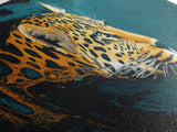 Leopard In Motion Framed Canvas Print - Abstract Jungle Painting, Teal And Orange Wildcat Art, Modern Safari Wall Decor, Bedroom Accent