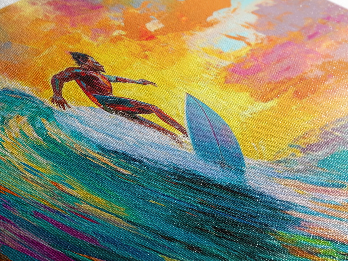 Surfer Riding Wave Canvas Print, Surf Wall Art, Coastal Decor, Nautical Painting, Colorful Art, Living Room Art, Gift Idea, Rustic Wall Art