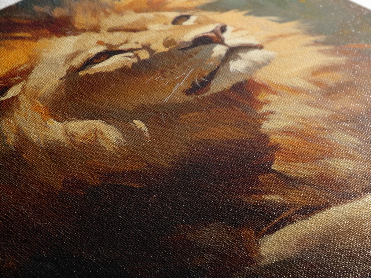 Regal Lion Oil Painting Framed Canvas Print – Rustic Decor Wall Art, African Lion Wildlife, Above Couch Art, Bold Statement Piece