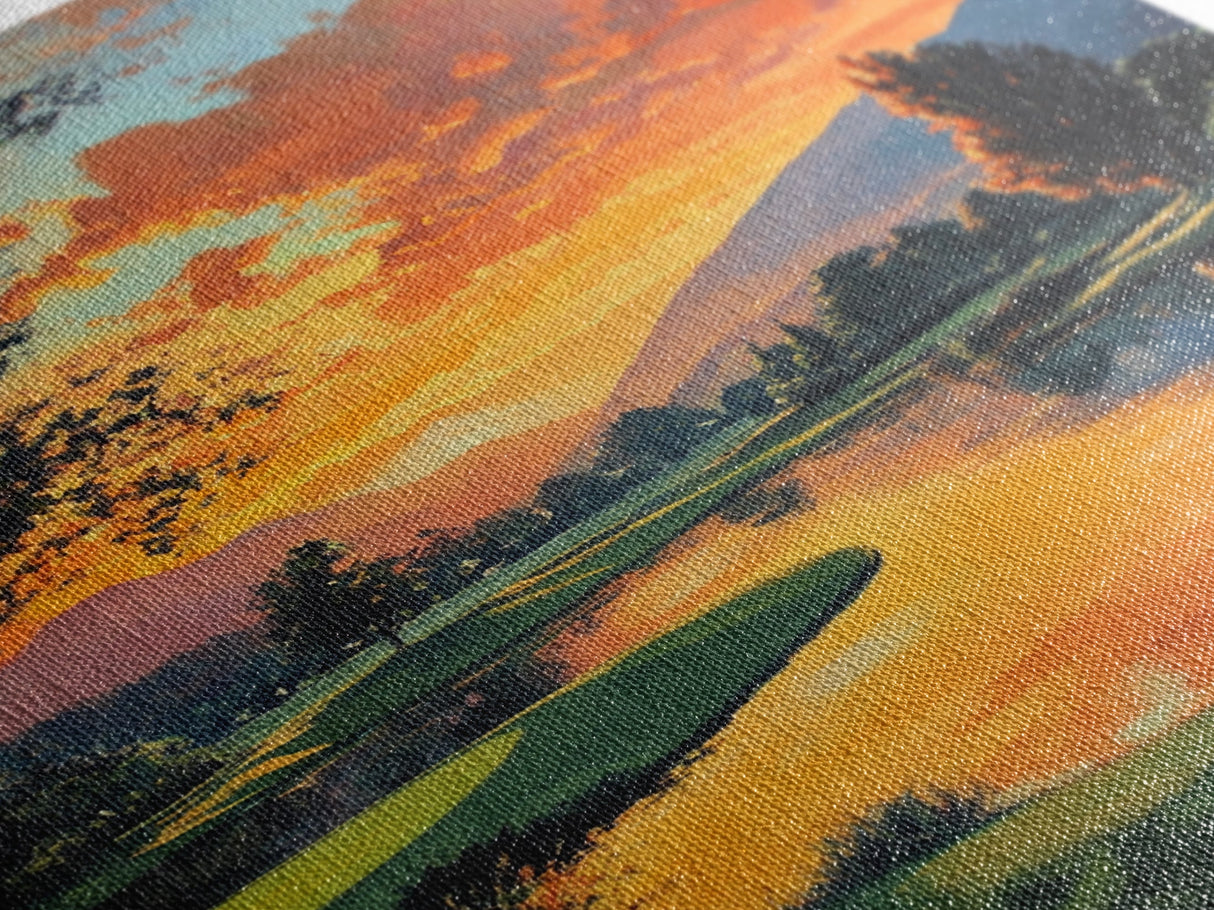 Golden Sunset Golf Framed Canvas Print, Landscape Wall Art, Rustic Horizontal Decor, Living Room Painting, Gift Idea for Him