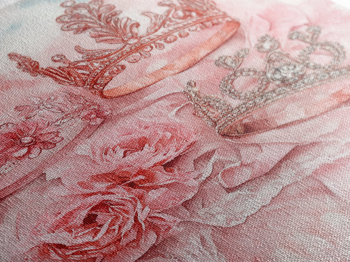 Elegant watercolor crowns and roses painting, framed canvas print, rose painting, goddess art print, chic pink wall art for living room