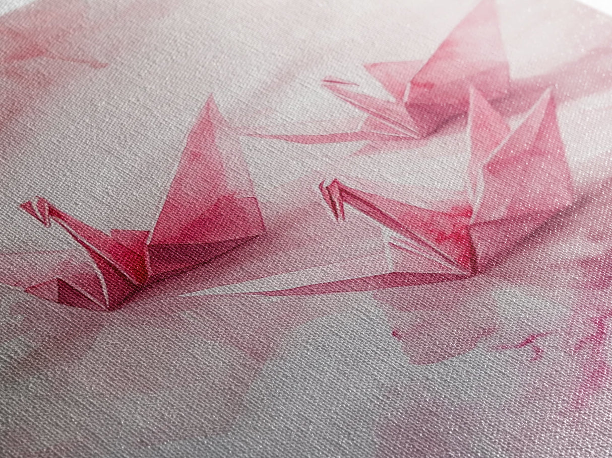 Origami Cranes Canvas Print, Pink Paper Bird Art, Minimalist Zen Decor, Whimsical Artwork Bedroom Wall Art, Japanese-Inspired Gift
