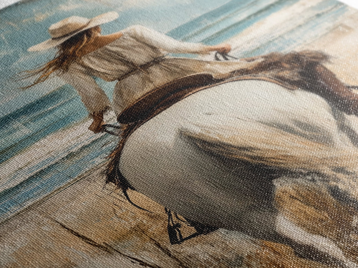 Rustic Horseback Beach Scene Canvas Print Coastal Cowgirl Wall Art Rustic Decor Western Art Nautical Decor Bedroom Living Room Accent