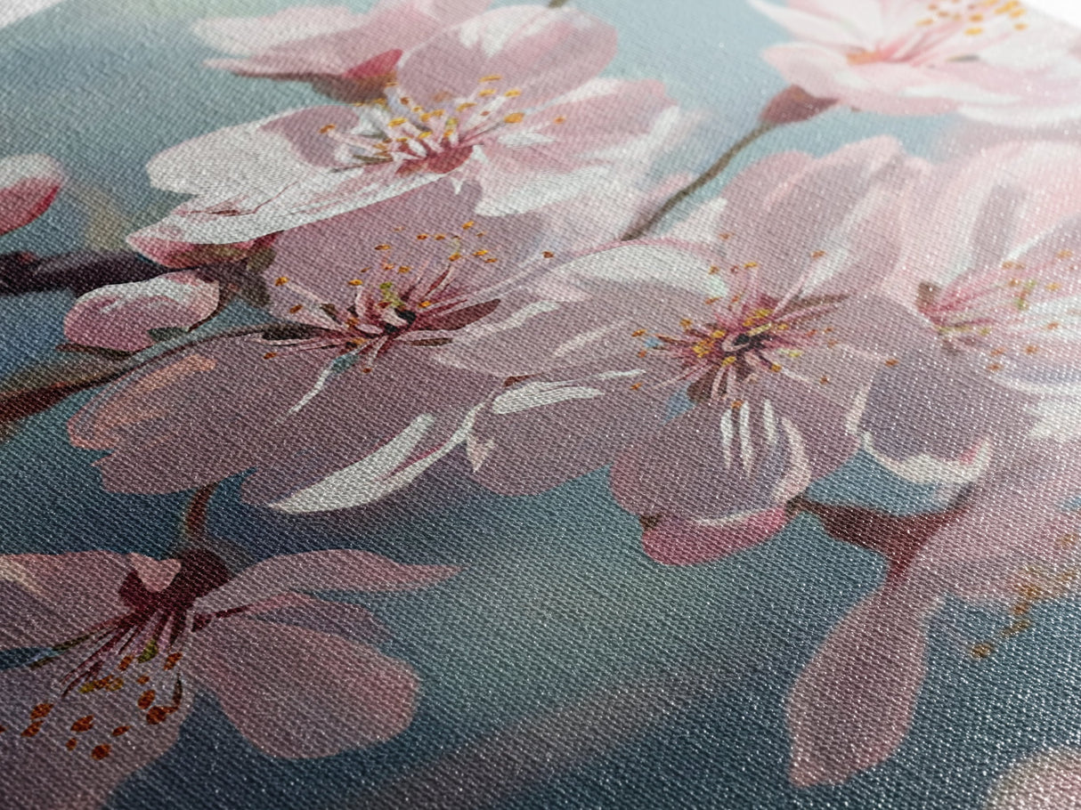Japanese Sakura Canvas Print | Cherry Blossom Painting Art | Pastel Blue Floral Wall Art Gift Idea | Light Pink Bedroom Art