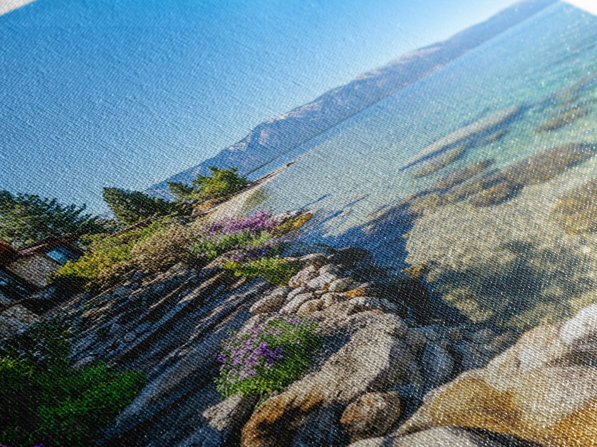 Lakeside Retreat Framed Canvas Print Coastal Landscape Art Nautical Wall Art Living Room Decor Lake Tahoe Art Rustic Decor Seascape Painting