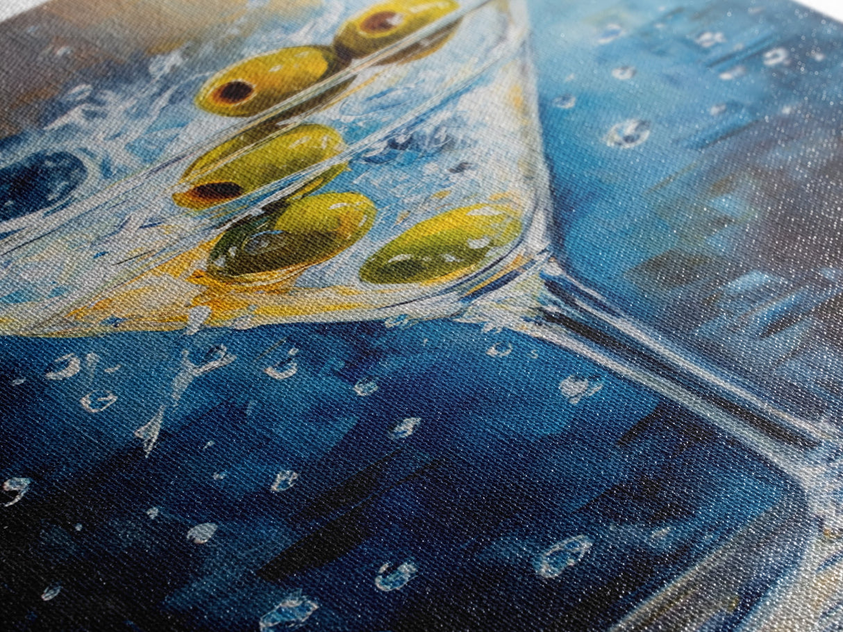 Elegant Olive Martini Framed Canvas Print with Vibrant Cocktail Art for Living Room or Kitchen, Rustic Home Decor
