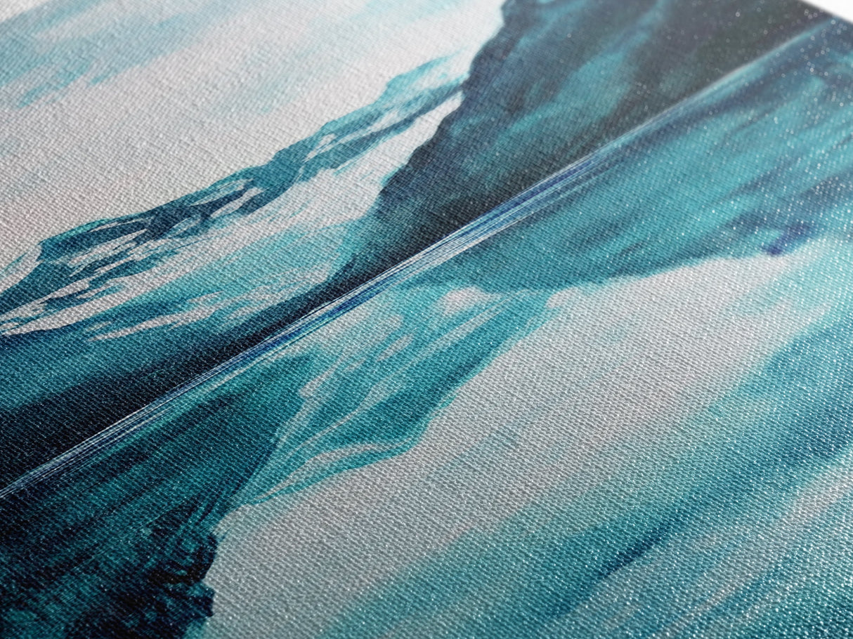 Glacier Lake, mountain painting, blue and green wall art, smoky mountain art, minimalist art, vertical wall art, Canvas Print