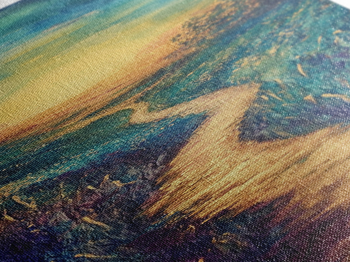 Golden Pathway, landscape painting, sunset painting, nature wall art, panoramic painting, scenic artwork, fall painting, Canvas Print