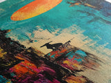 Lone Howl, southwest wall art, desert painting, moon oil painting, silhouette painting, rustic art, teal wall art, Canvas Print