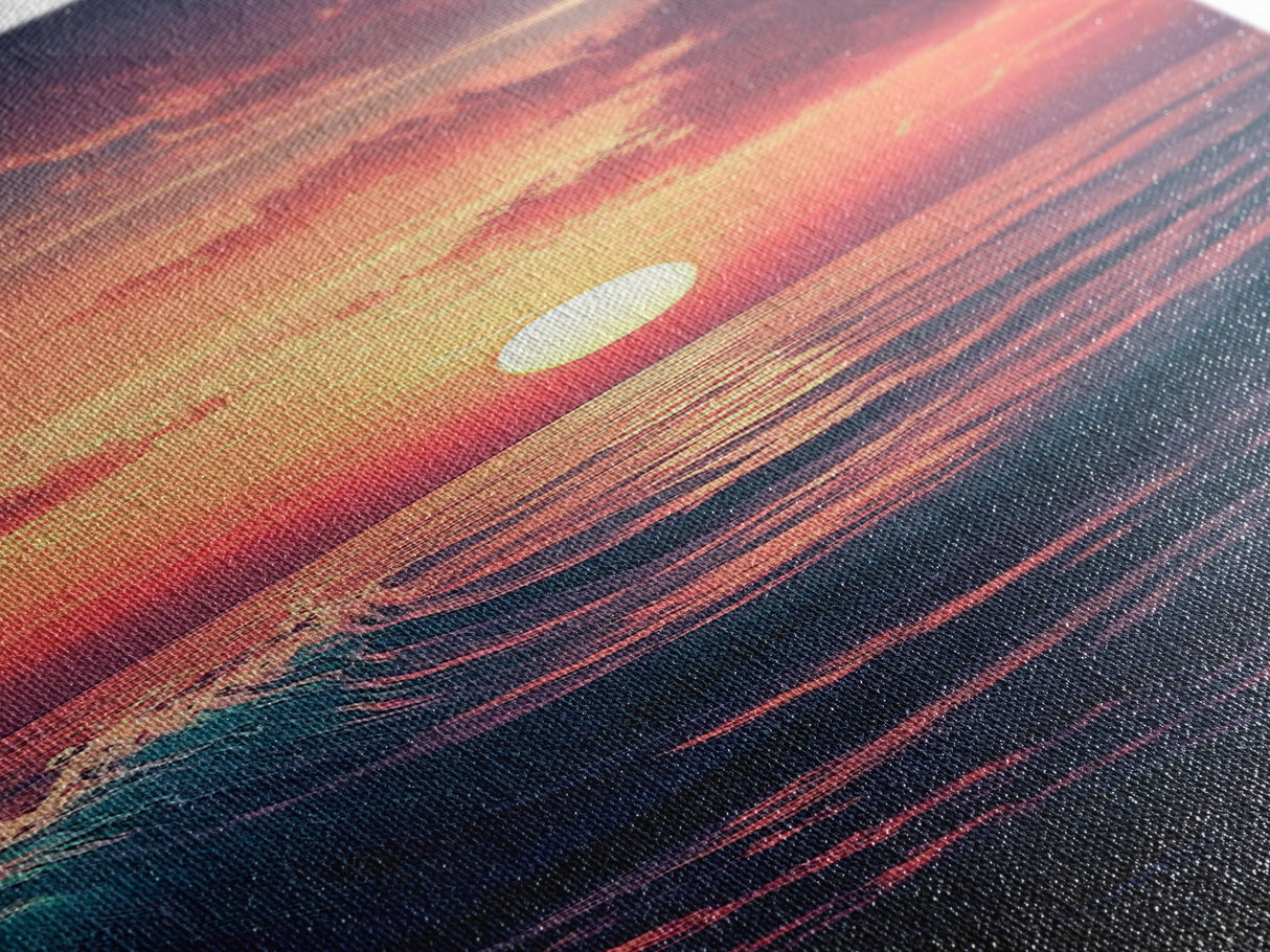 Tropical Sunset, Palm Trees, Ocean Waves, Framed Canvas Print, Coastal Painting, Nautical Decor, Extra Wide Art, Panoramic Art