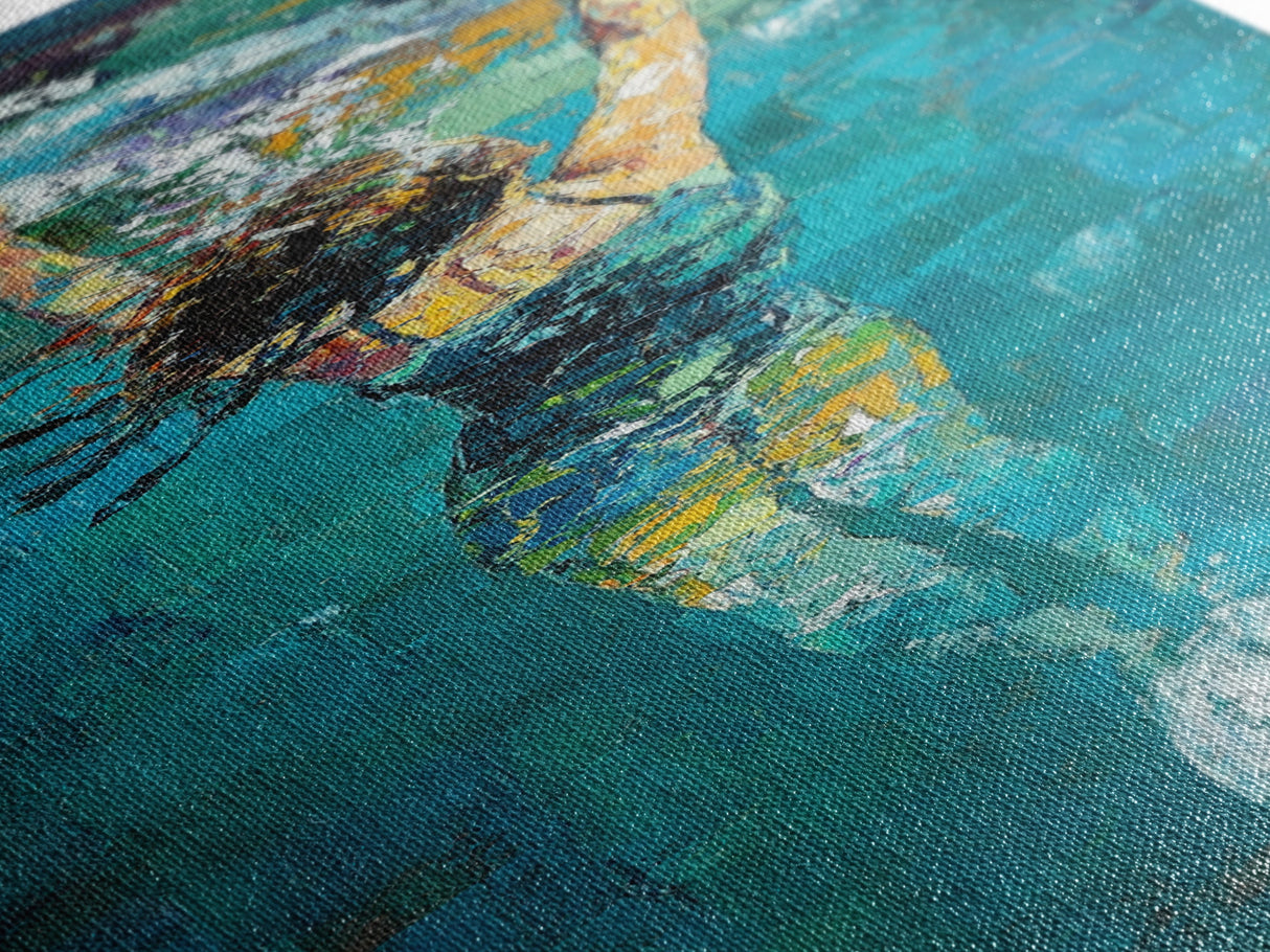 Woman Swimming, Coastal Painting, Framed Canvas Print, Surf Wall Art, Ocean Art, Blue and Green Wall Art, Abstract Art