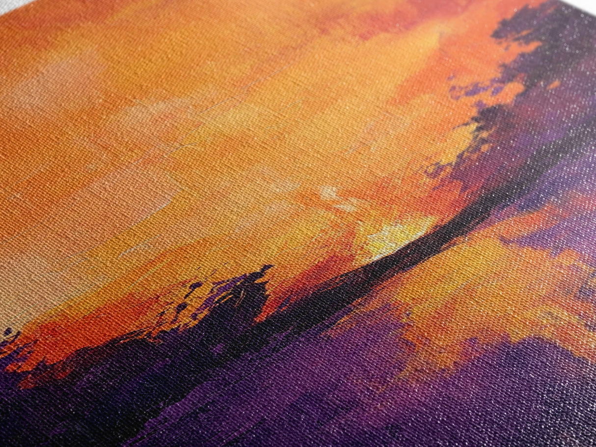 Fiery Sunset Reflection, mountain painting, moody art, forest at dusk painting, pine tree art, framed canvas print, vertical wall art