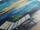Lakeside Bench, moody art, landscape painting, coastal wall art, rustic decor, farmhouse art, framed canvas print, vertical wall art