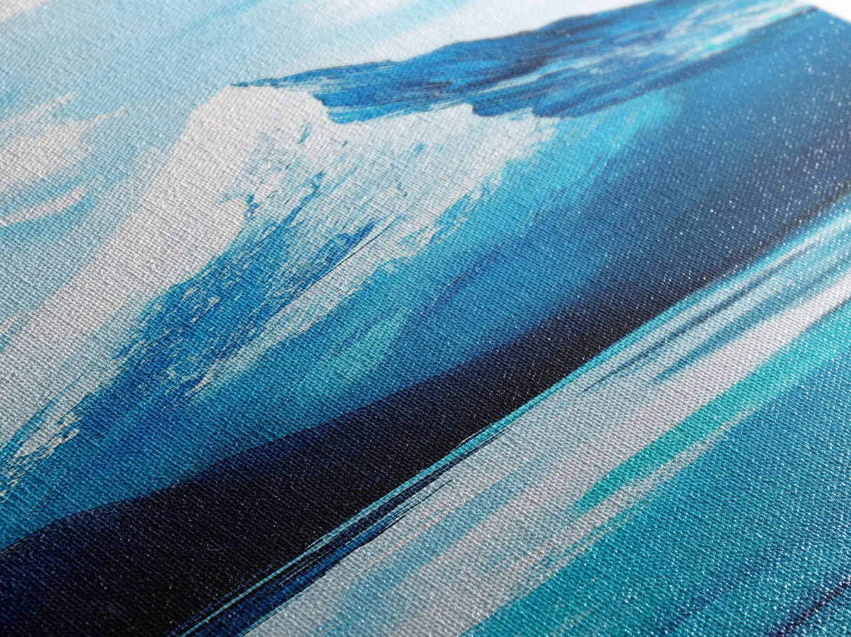 Snowy peak, mountain painting, landscape painting, blue and green wall art, panoramic art, framed canvas print, above sofa art