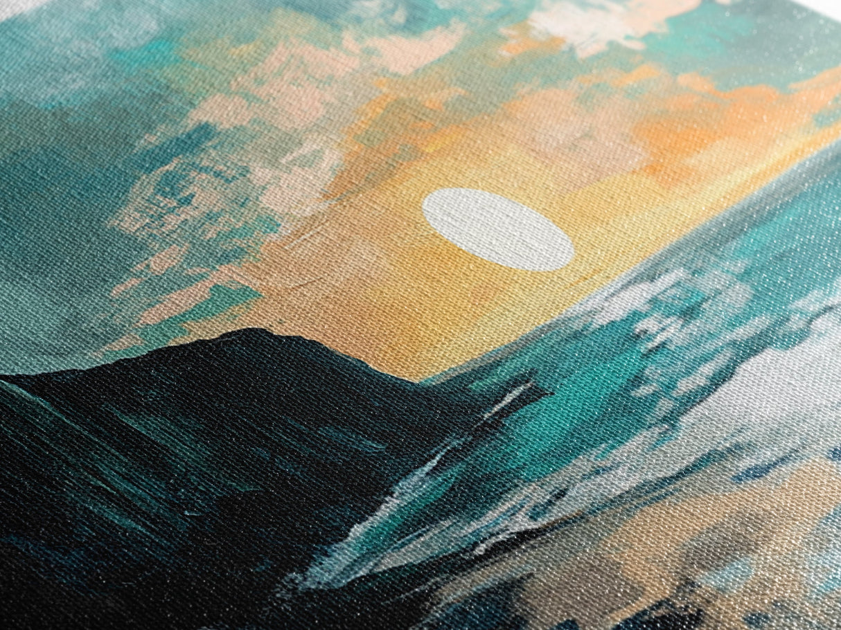 Sunset Cliffs, nautical wall art, coastal painting, surf wall art, panoramic art, above couch art, boho art, Framed Canvas Print
